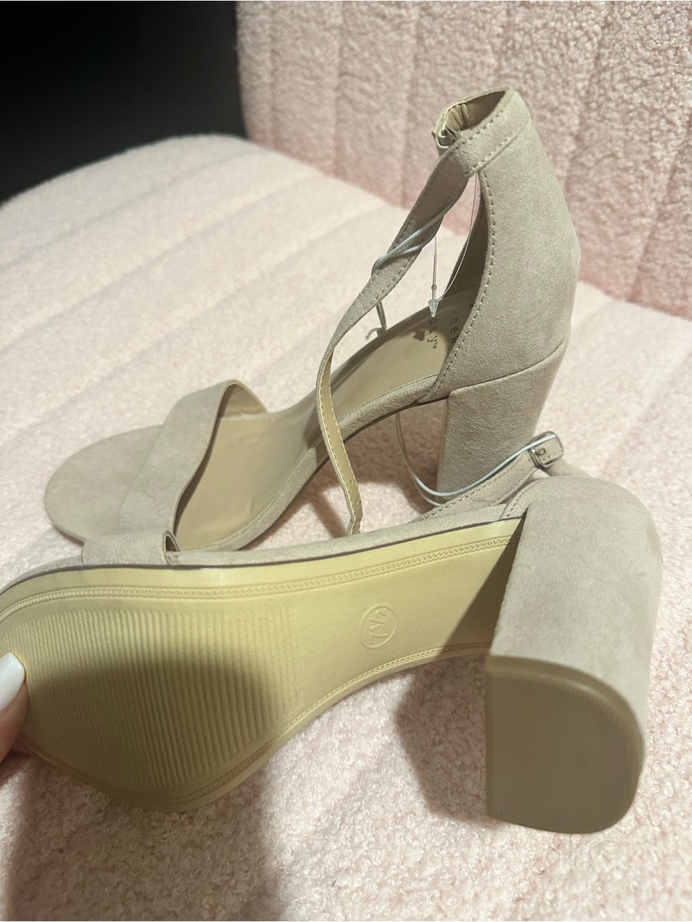 Women's Beige Suede Block Heel Sandals with Ankle Strap